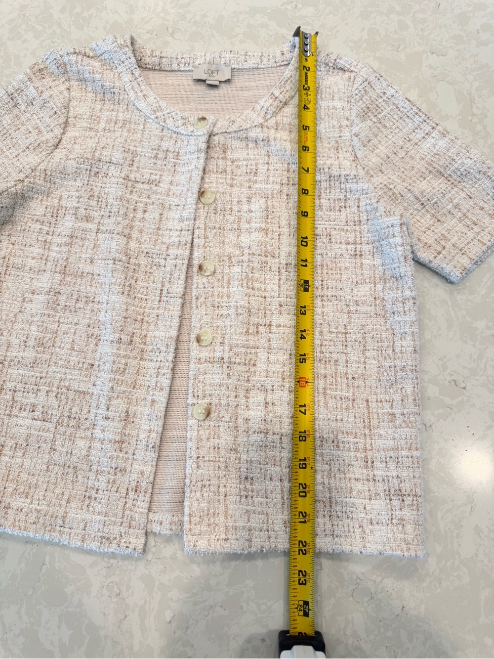 LOFT Cream & Tan Tweed Short-Sleeve Cardigan - Picture 4 of 4
